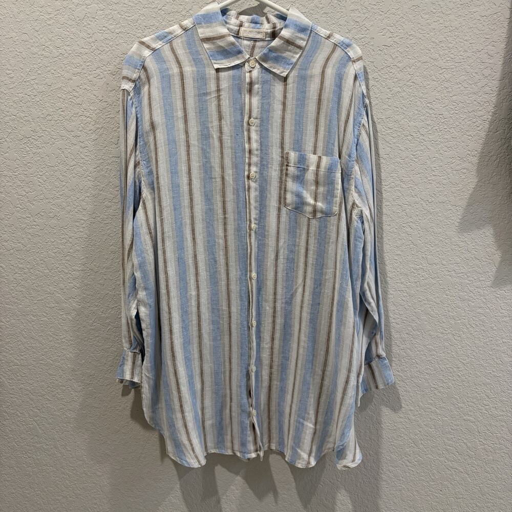 CP Shades Linen Button Front Shirt Women Large Blue Brown Striped Long Sleeve